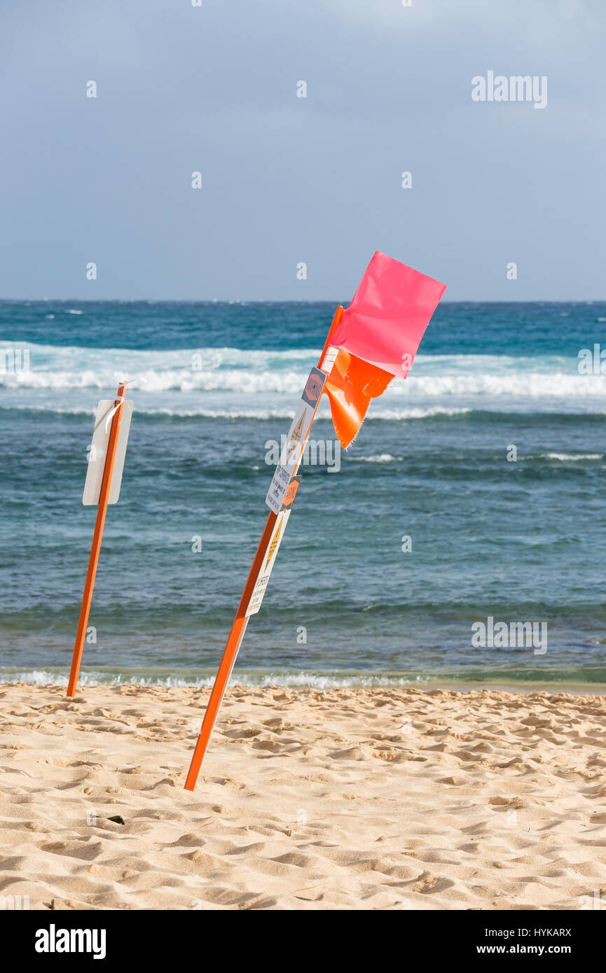 Sign and flags warn swimmers of rip currents, Poipu Beach, Kauai