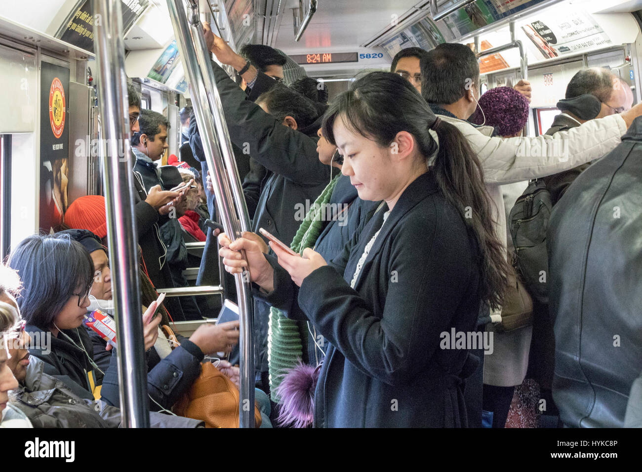 passengers on the PATH train from New Jersey to Manhattan Stock Photo