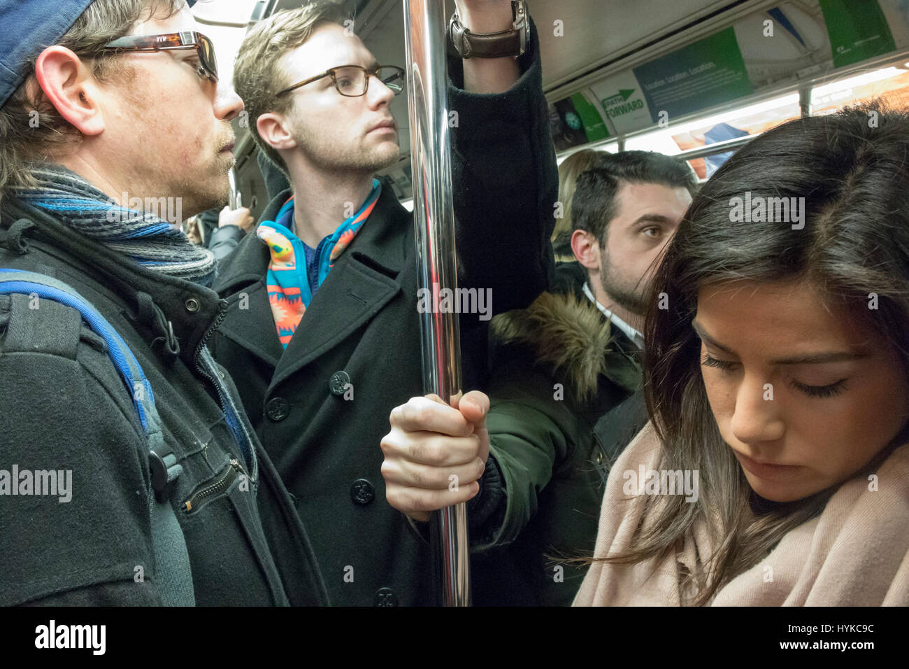 passengers on the PATH train from New Jersey to Manhattan Stock Photo