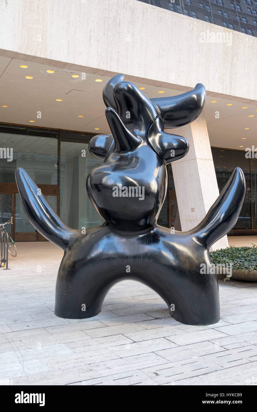 Joan Miro's 'Moonbird' sculpture (1966), located on the plaza of the Solow Building on 58th Street between 5th and 6th Avenues, Manhattan, New York. Stock Photo