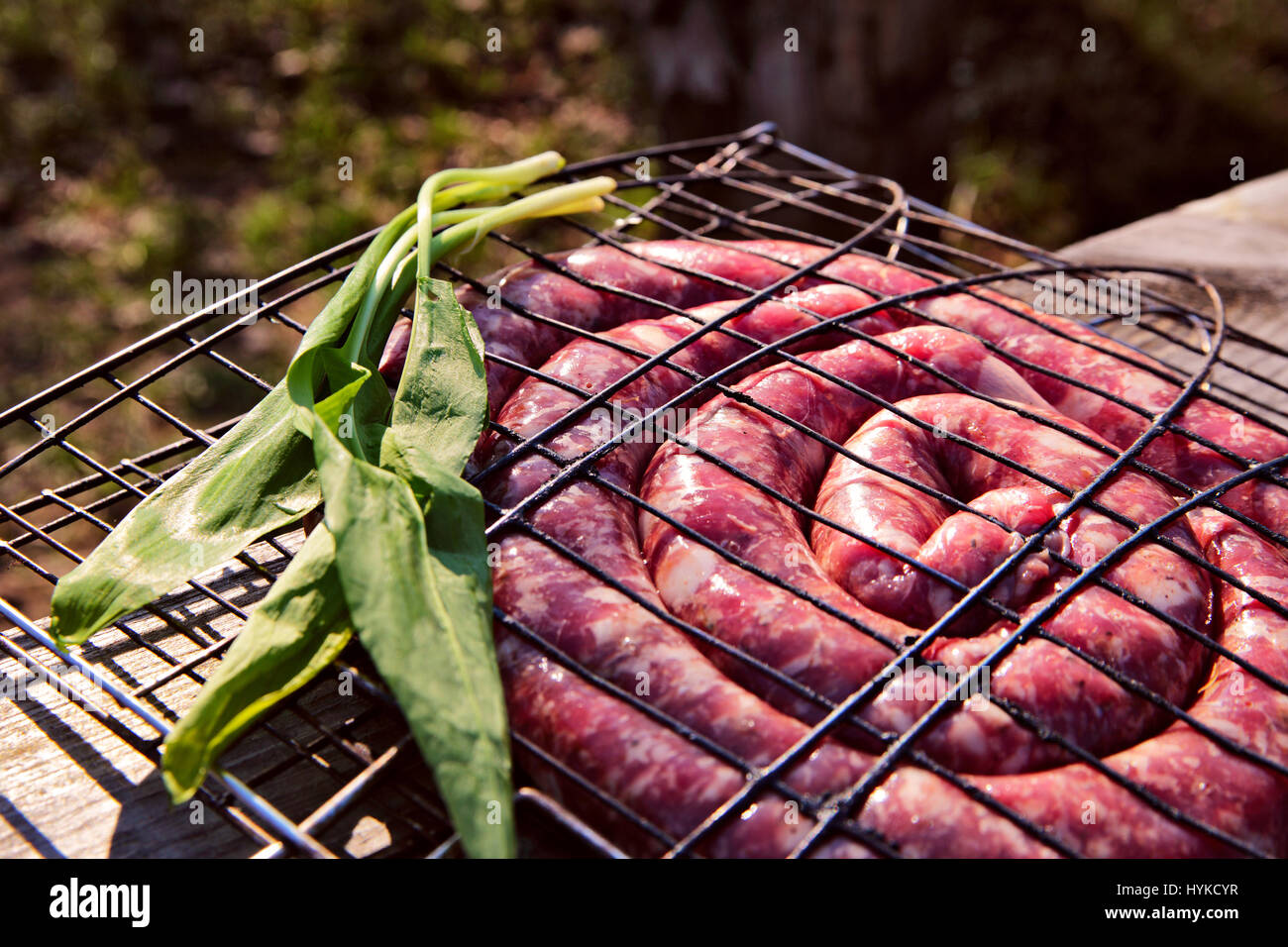 Uncooked sausages for barbecue. Travel kielbasa cooking. Picnic outdoors Stock Photo