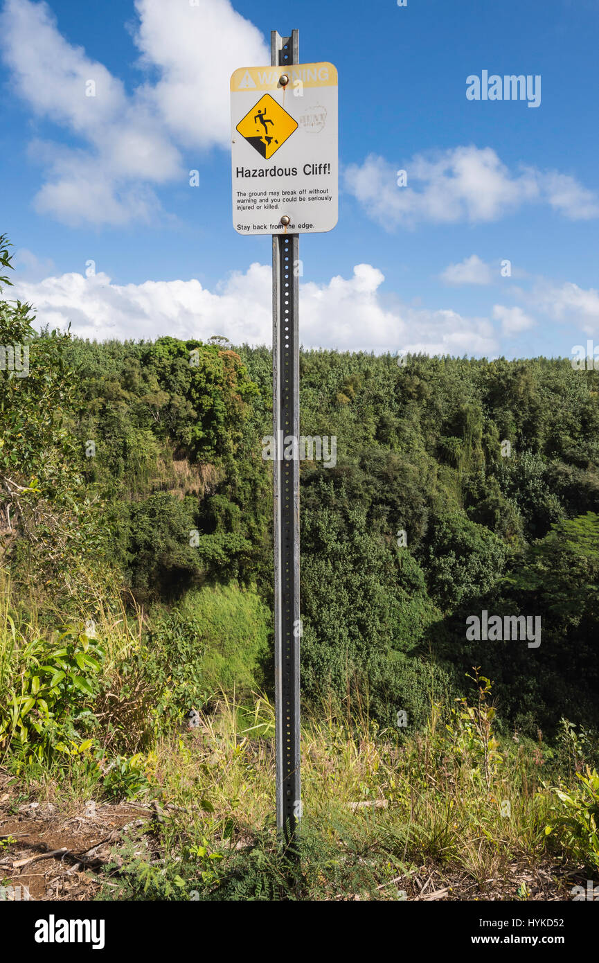 Hazardous Cliff warning sign, Wailua Falls, near Lihue, Kauai, Hawaii, USA Stock Photo