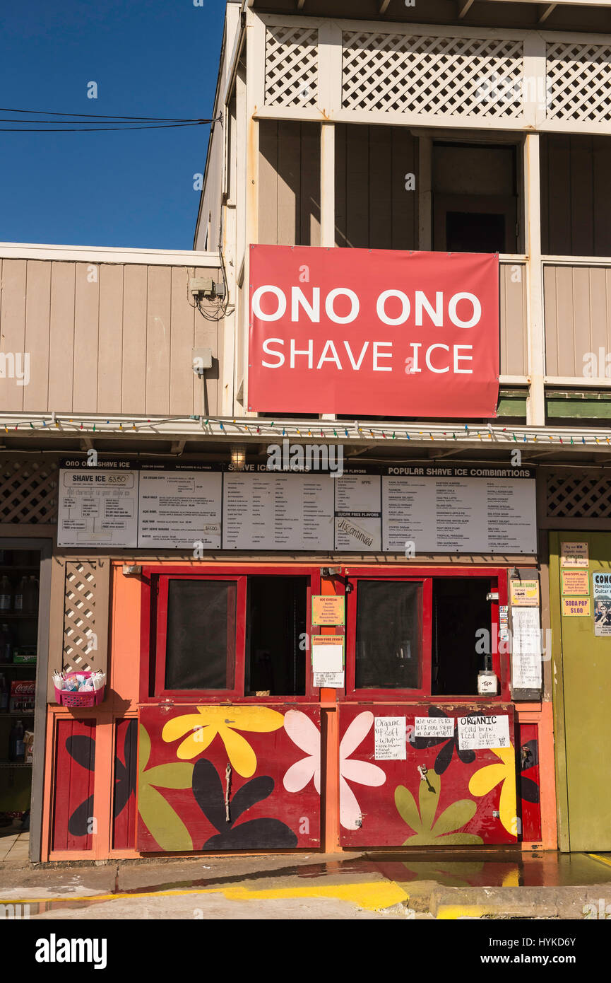 Ono Family Restaurant, shave ice, Storefronts, main street, Kapa'a, Kauai, Hawaii, USA Stock Photo