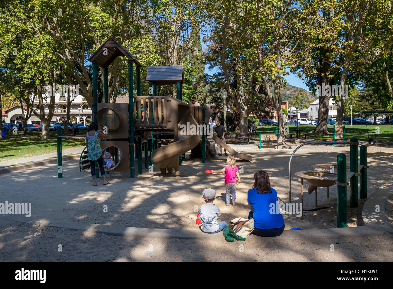 families, children, mother and children, parents and children, playground, Sonoma Plaza, city of Sonoma, Sonoma, Sonoma County, California Stock Photo