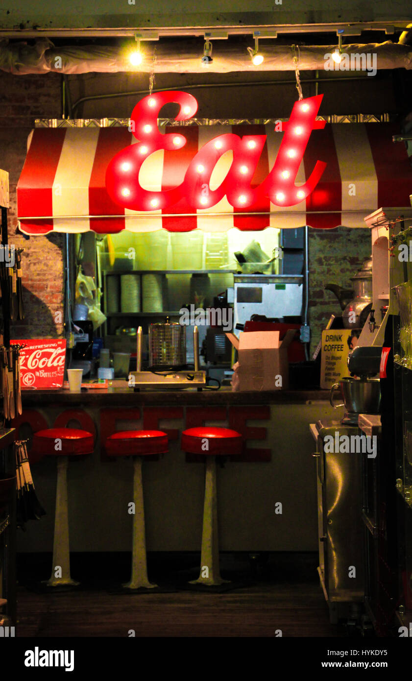 food diner. tiny retro themed takeout eatery with character in NYC Stock Photo