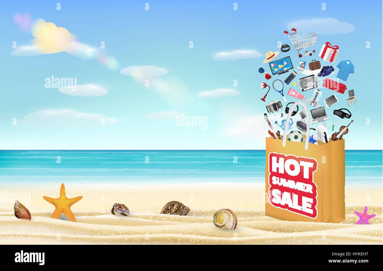 hot summer sale shopping bag with many product floating over on a sea ...