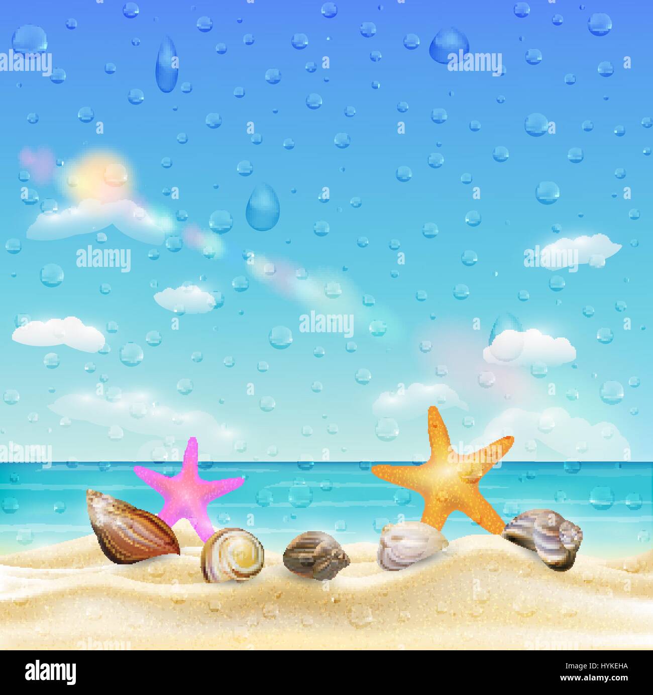 sea shell and starfish  on a sand beach  with water drop on screen Stock Vector