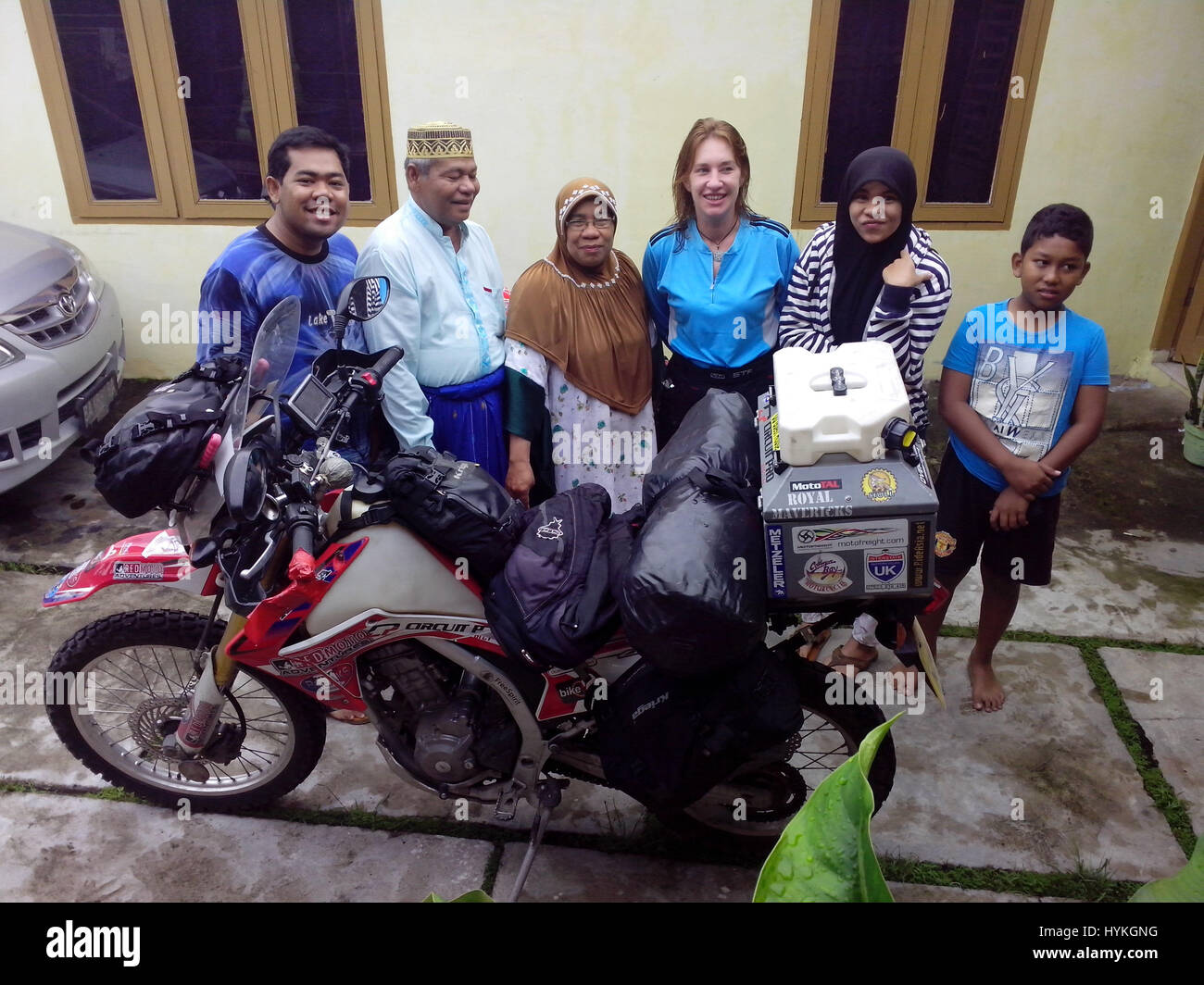 Motorbike Granny Stephanie Jeavons outside the home of a local family she  stayed with in Sumatra, Indonesia. MEET the female biker who has become the  first Brit to ride the Antarctic and