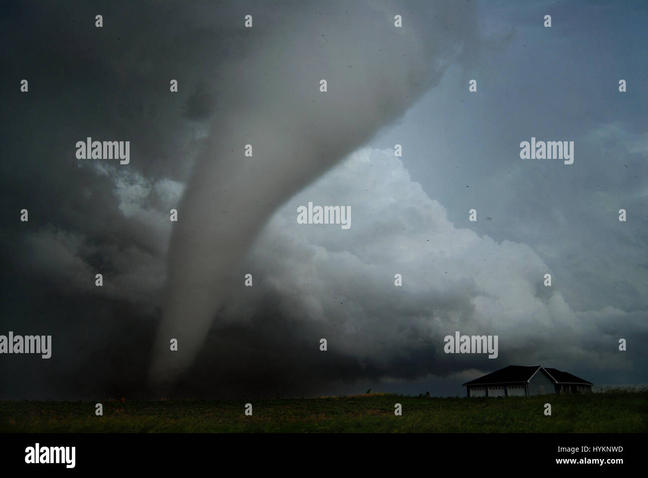 TORNADO ALLEY, USA: Pleasanton tornado appraoching a house. THE DEADLIEST weather events have been captured on camera by one lightning quick photographer. Incredible photographs show extreme weather from America’s Tornado Alley, renowned for the frequency of its storms. From terrifying lightning bolts to all-encompassing tornados, these pictures manage to capture to ferocity and atmosphere of these natural phenomena. Stock Photo