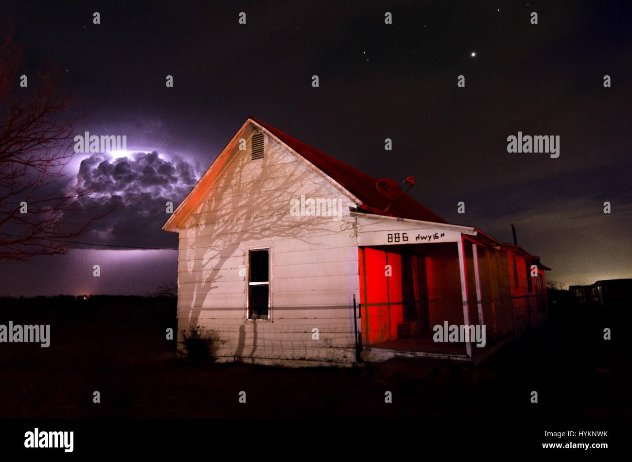 TORNADO ALLEY, USA: Storm shack, Throckmorton, Texas. THE DEADLIEST weather events have been captured on camera by one lightning quick photographer. Incredible photographs show extreme weather from America’s Tornado Alley, renowned for the frequency of its storms. From terrifying lightning bolts to all-encompassing tornados, these pictures manage to capture to ferocity and atmosphere of these natural phenomena. Stock Photo
