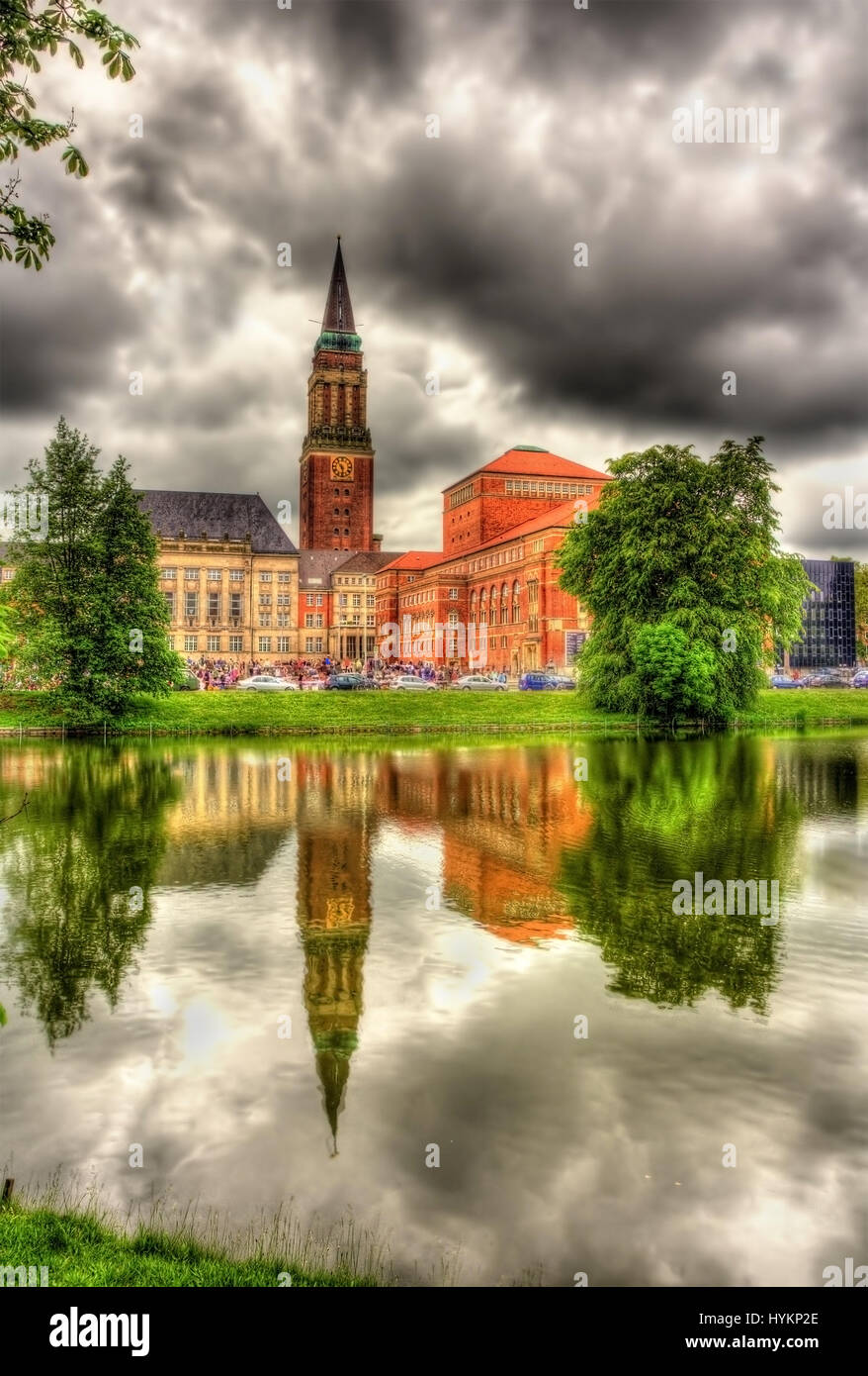 Kiel city hall with reflection from a water surface - Germany Stock Photo