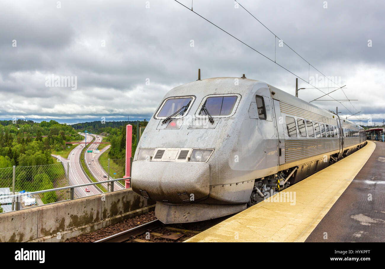 Sweden high-speed train on Sodertalje syd station in Sweden Stock Photo
