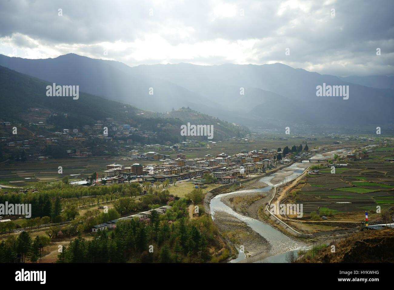 Paro valley and town Paro with rioce growing fields, Bhutan Stock Photo