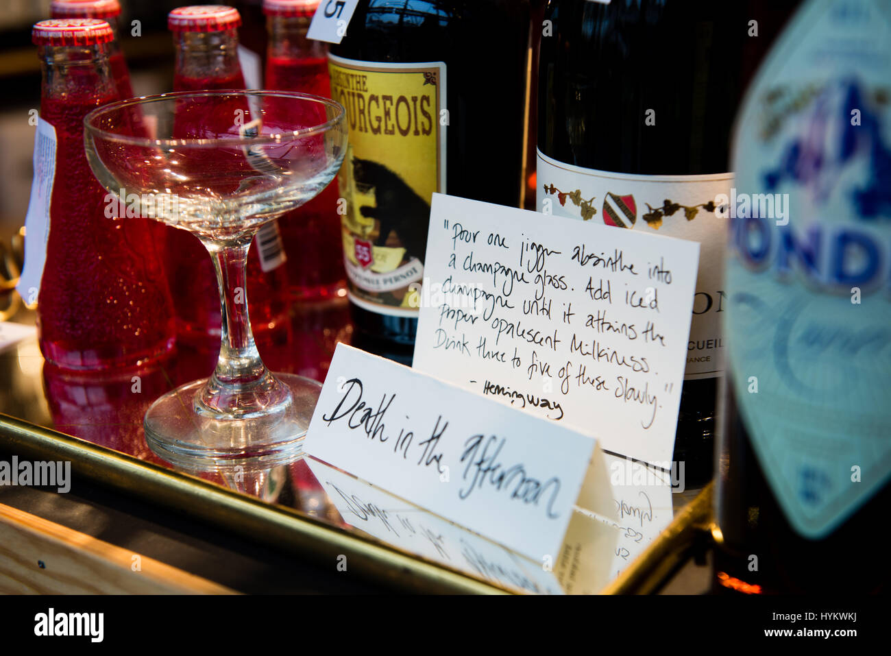 Death in the Afternoon cocktail recipe on a stall in the Glass Market in Copenhagen, Denmark Stock Photo