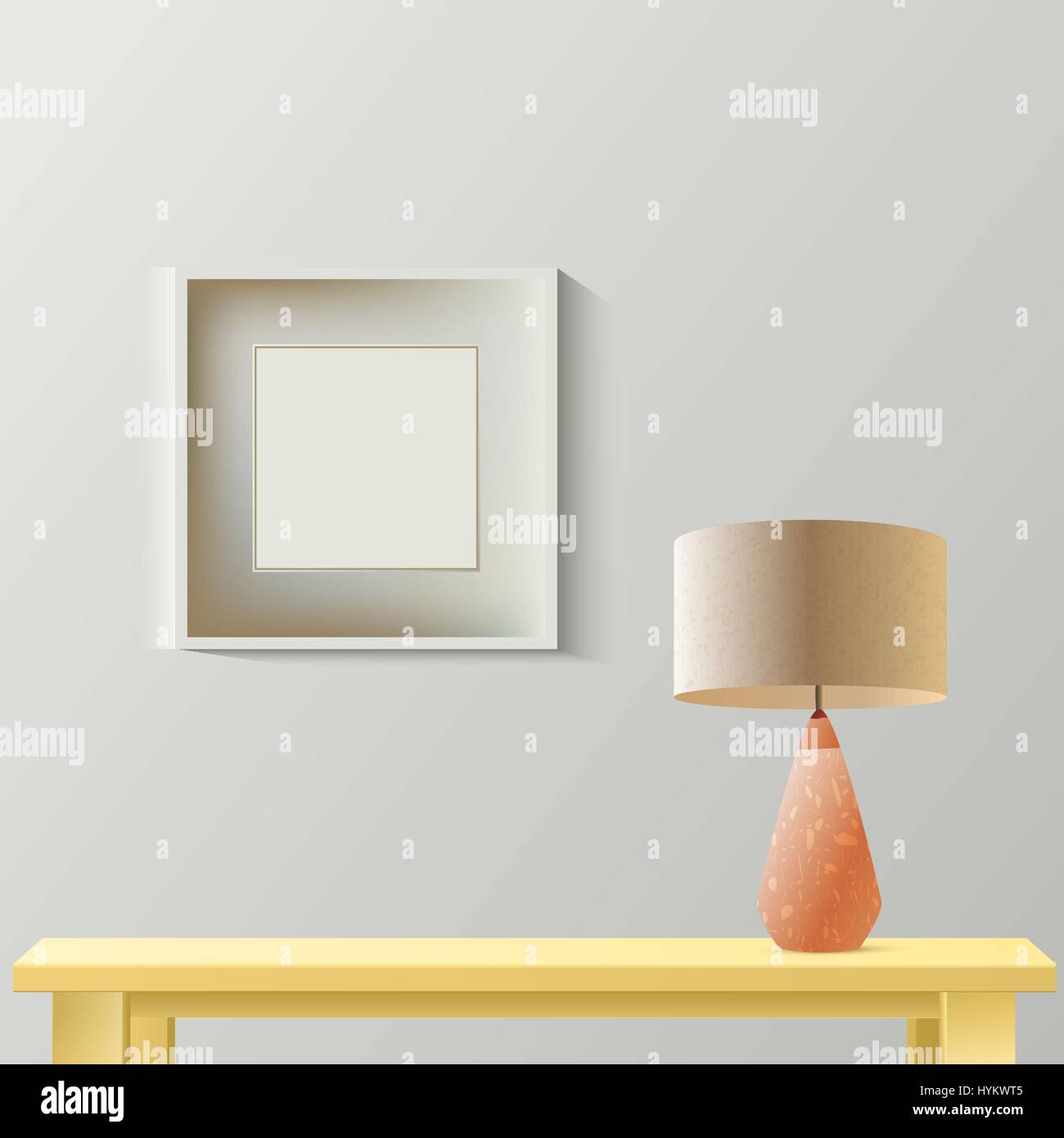 Interior room realistic mockup with frame or picture on wall,wooden table and lamp. Layered, editable. Fashion trendy colors Stock Vector