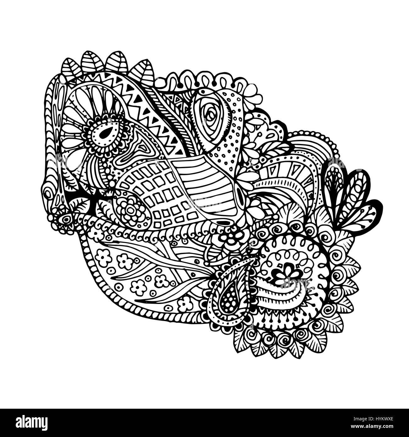 Mono color black line art element for adult coloring book page design.Floral collection. Ethnic zentangle ornament Stock Vector