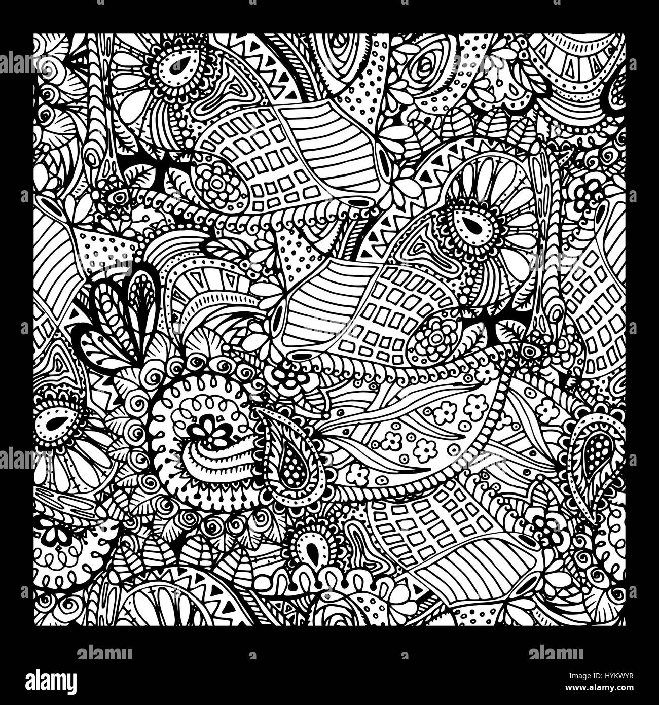 Black vector mono color illustration. Adult Coloring book page design, for adults. Stock Vector