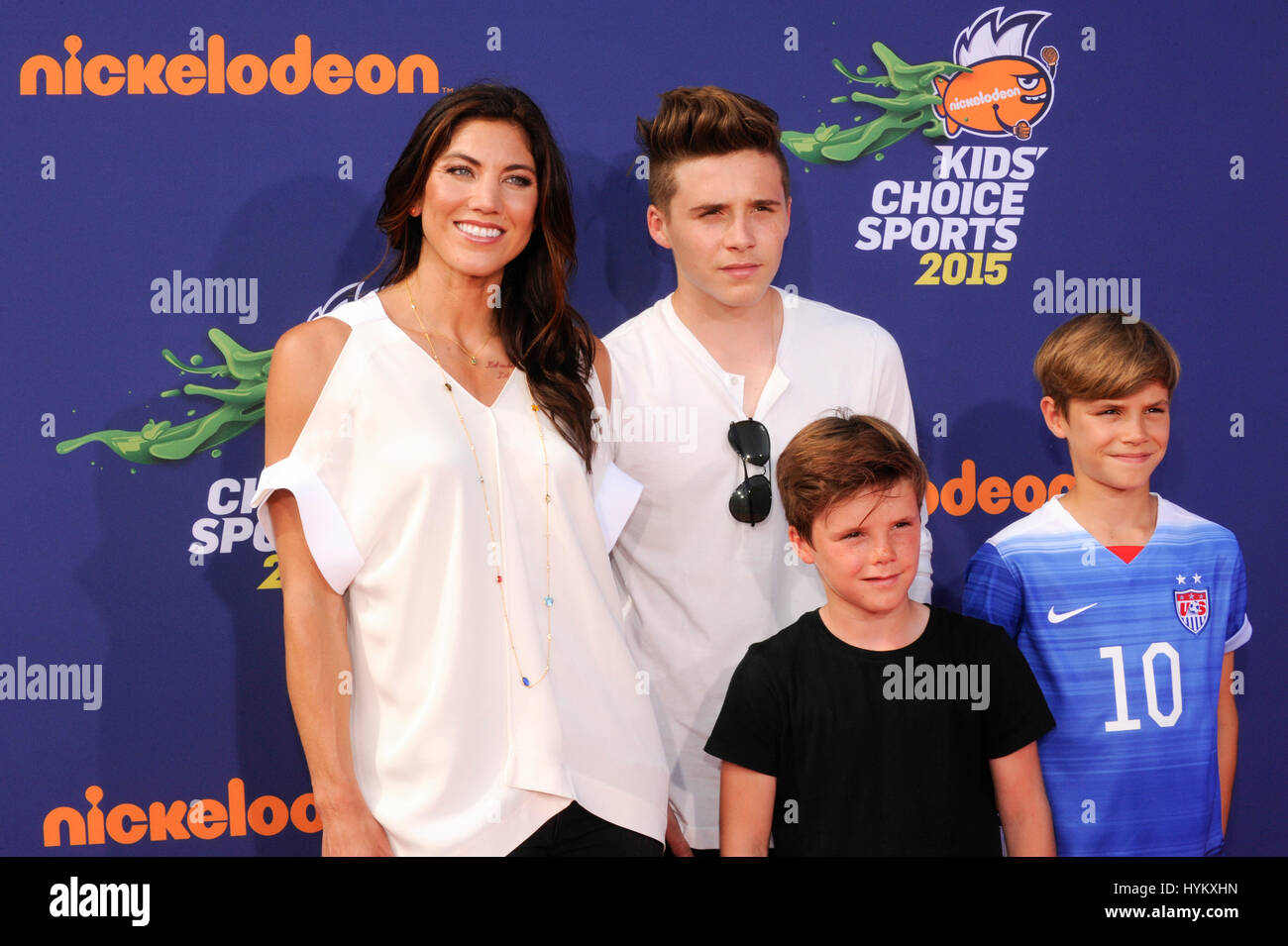 Soccer player & olympian Hope Solo, models Brooklyn Joseph Beckham, Cruz David Beckham and Romeo James Beckham attend the 2015 Nickelodeon Kids Choice Sports Awards at UCLA on July 16th, 2015 in Los Angeles, California. Stock Photo