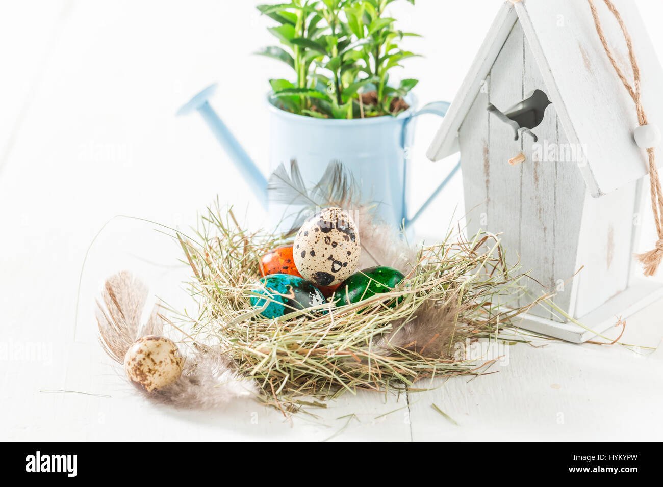 Colorful Easter eggs in nest and white birdhouse Stock Photo - Alamy