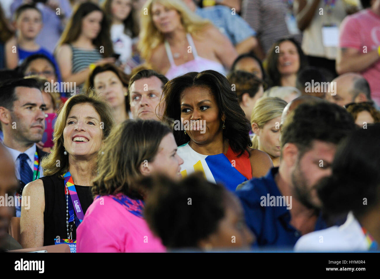 Author Caroline Kennedy and First Lady Michelle Obama sitting with the crowd at the Special Olympics World Games Opening Ceremony at the Coliseum on July 25th, 2015 in Los Angeles, California. Stock Photo