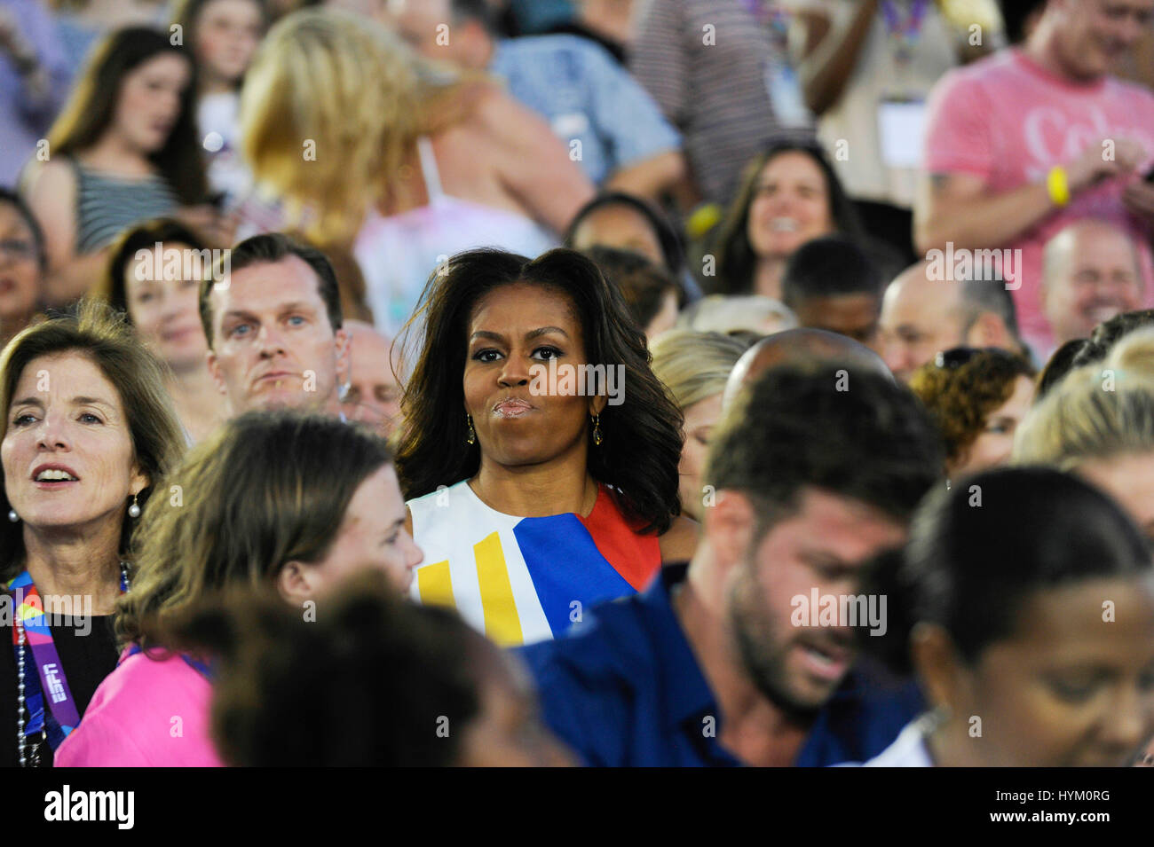 Author Caroline Kennedy and First Lady Michelle Obama sitting with the crowd at the Special Olympics World Games Opening Ceremony at the Coliseum on July 25th, 2015 in Los Angeles, California. Stock Photo