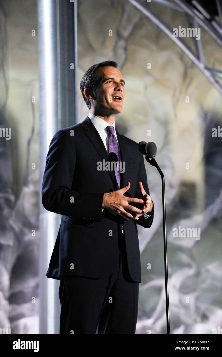Los Angeles Mayor Eric Garcetti at the Special Olympics World Games Opening Ceremony at the Coliseum on July 25th, 2015 in Los Angeles, California. Stock Photo