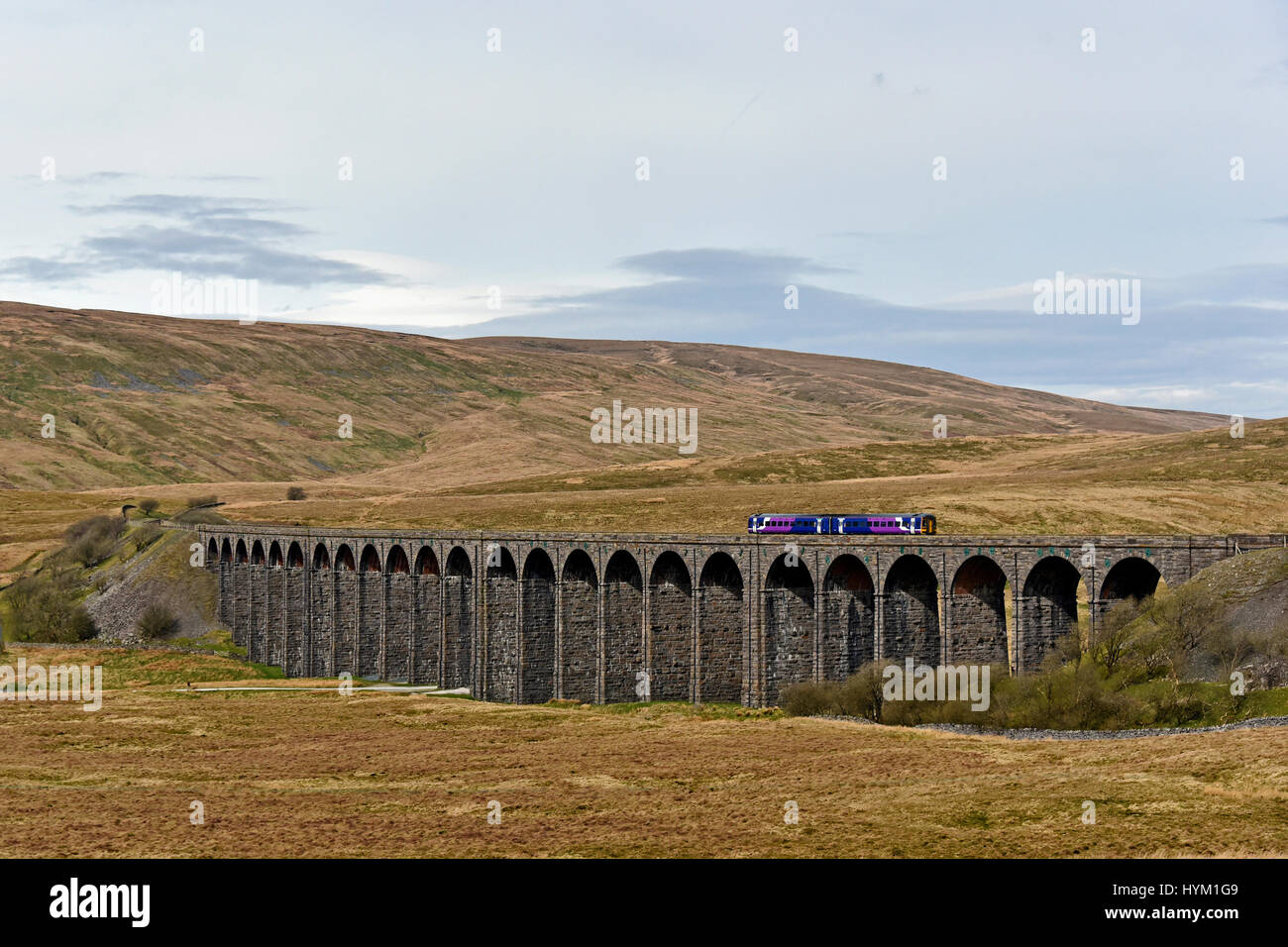 Passenger train crossing the Ribblehead Viaduct on the Settle to Carlisle line. Batty Moss, Ribblehead, North Yorkshire, England, United Kingdom, Stock Photo