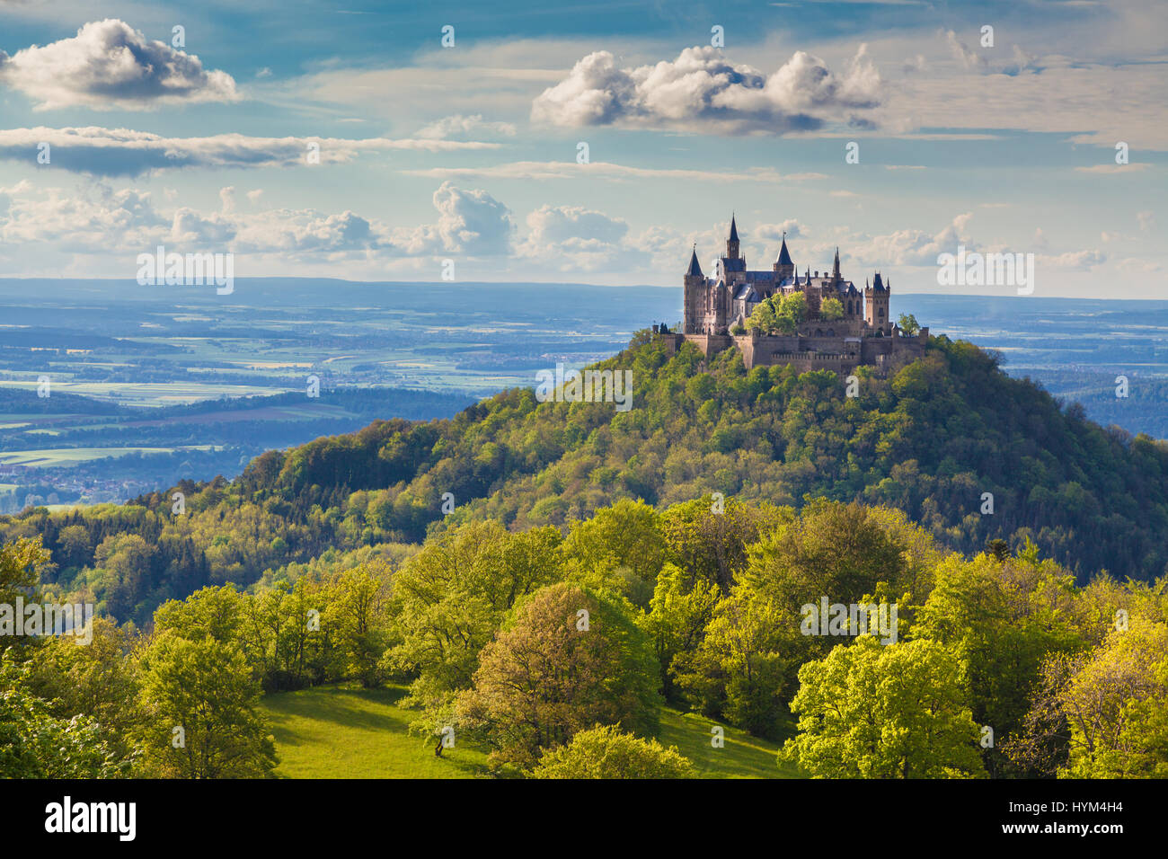 Aerial view of famous Hohenzollern Castle, one of Europe's most visited castles, at sunset, Baden-Wurttemberg, Germany Stock Photo