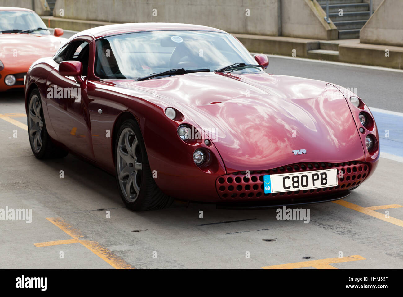 Three-quarter front view of a TVR Tuscan Speed 6 in the International Pit Lane, during the Silverstone Classic Media Day 2017 Stock Photo