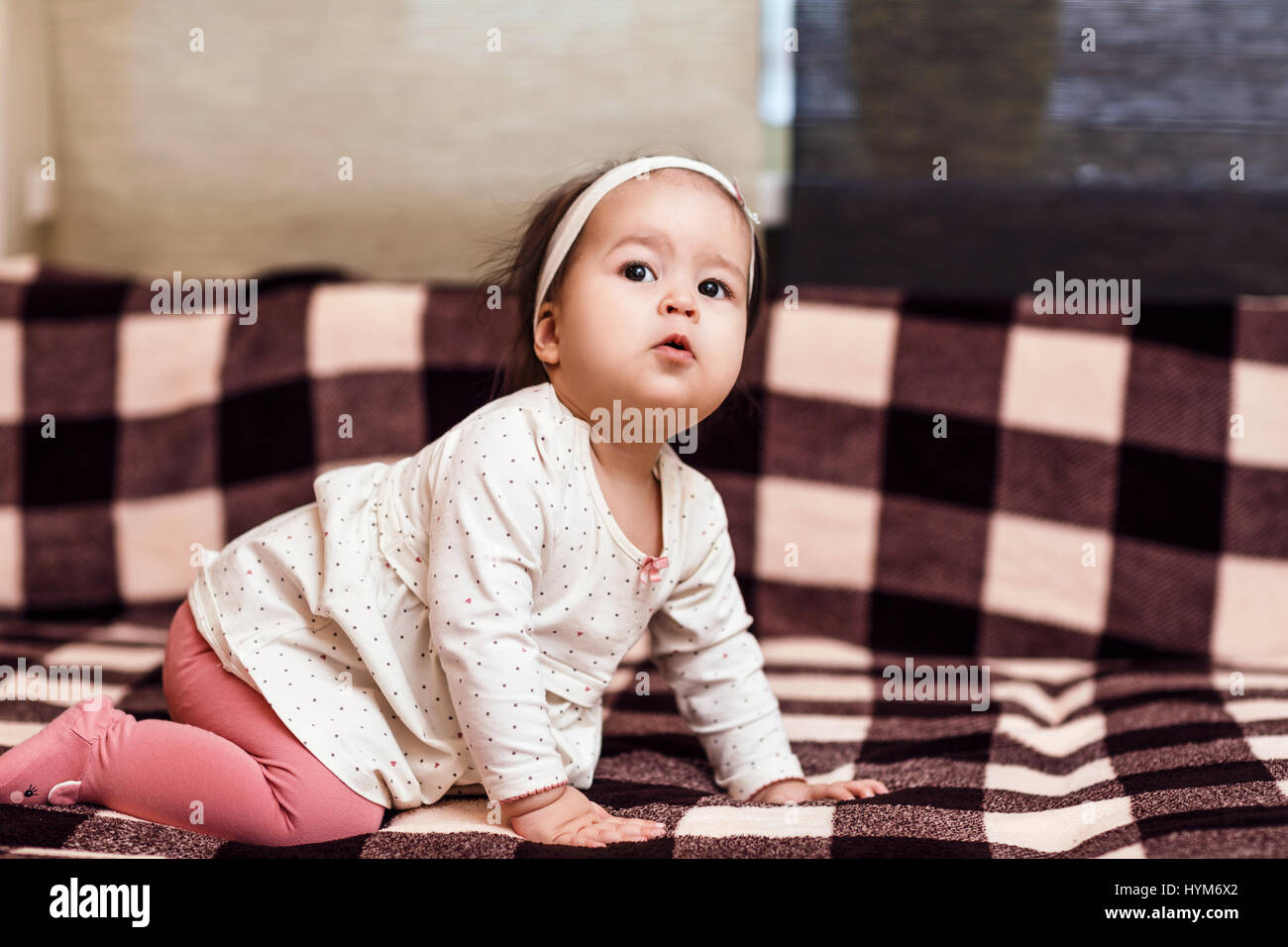 One year baby girl crawls. Stock Photo