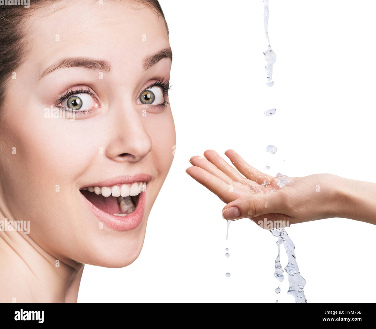 Woman face and pouring water in hand Stock Photo Alamy