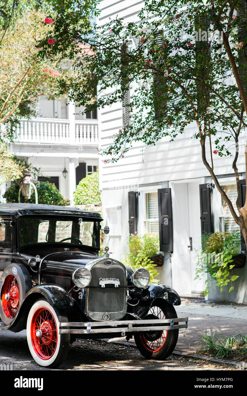 1928 Ford Model A parked along tree lined street in Charleston, South Carolina Stock Photo