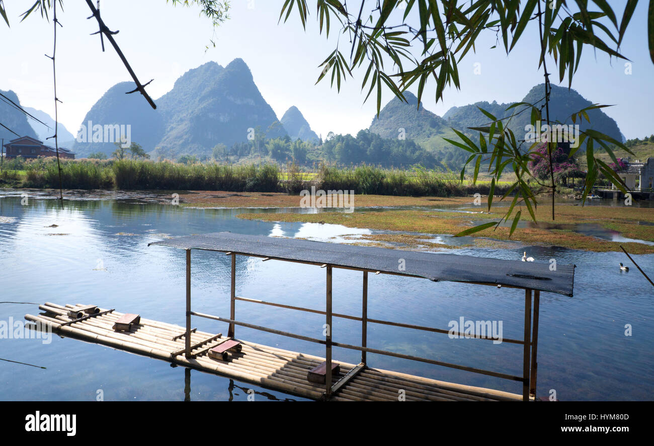 Bamboo raft floating on Li river in China Stock Photo