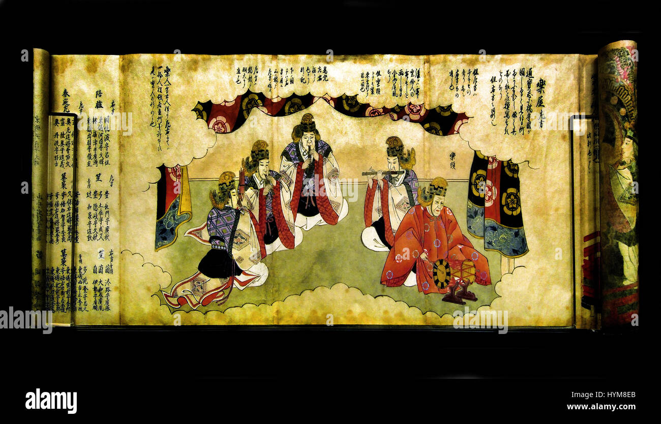 Court Dance ( Bugaku ) 1816  by Mizuno Rocho 1748-1836 Court dance was performed for the Shogun ruler in Edo . Japan ( Samurai ,Tokugawa family ) Stock Photo