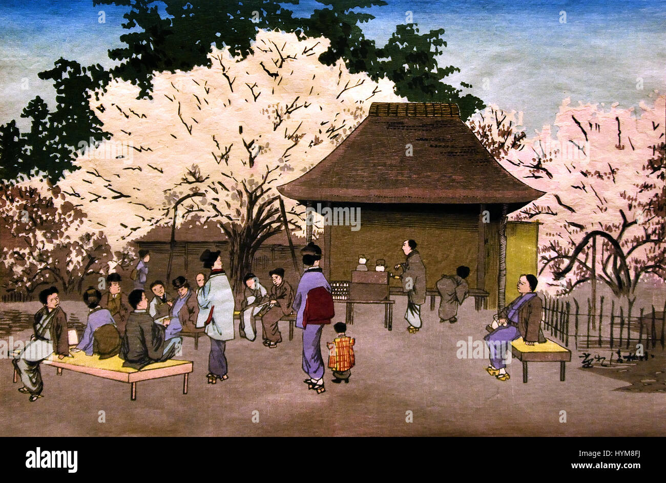 Kamedo ume yashiki  (The Plum Pavilion at Kamedo) Japan 1879  Print artist: Kobayashi Kiyochika (  Crowd enjoying plum blossoms at a teahouse in Kamedo. ) Stock Photo