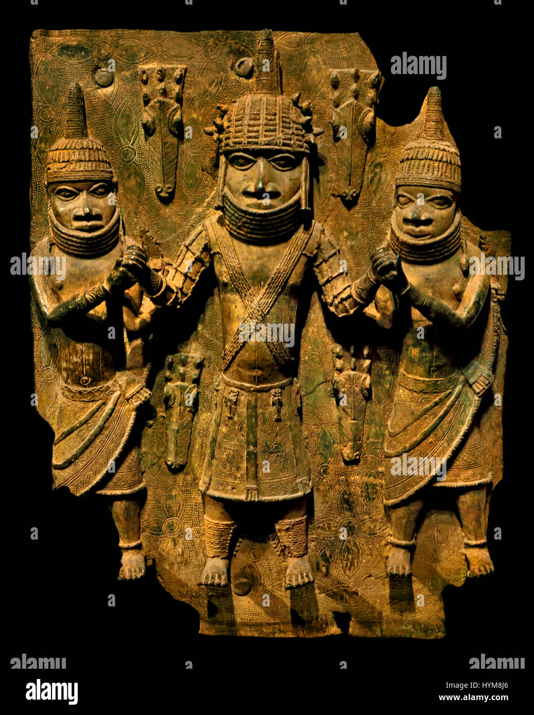 Bronze Brass plaque showing the Oba of Benin with attendants Edo