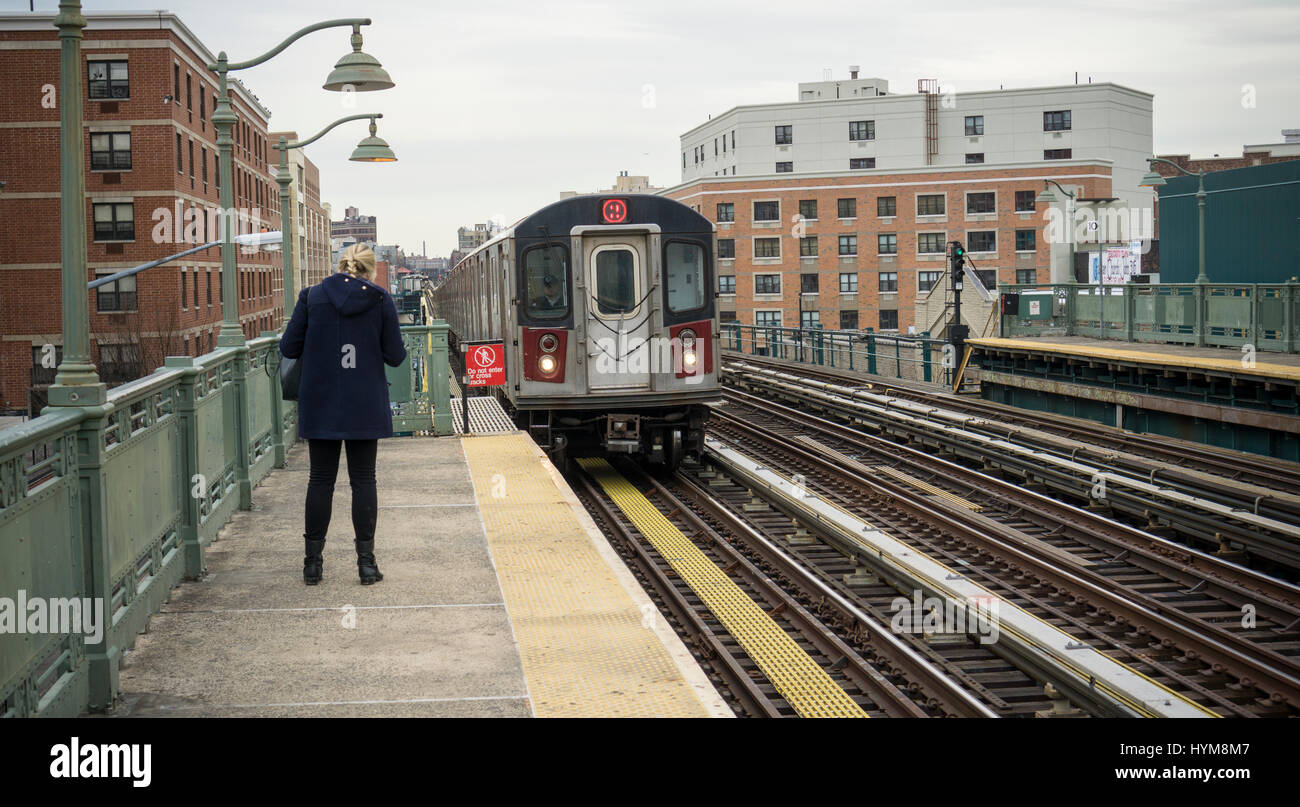 A Number 2 IRT elevated subway train arrives at the Prospect Avenue