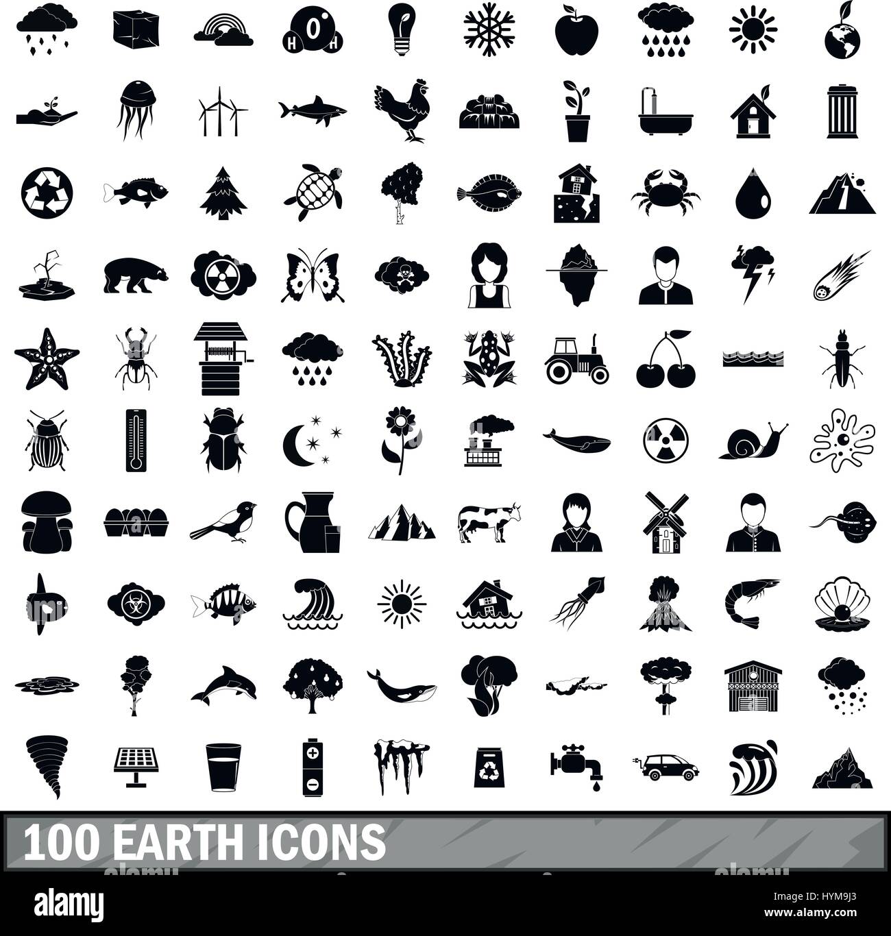 100 earth icons set, simple style  Stock Vector