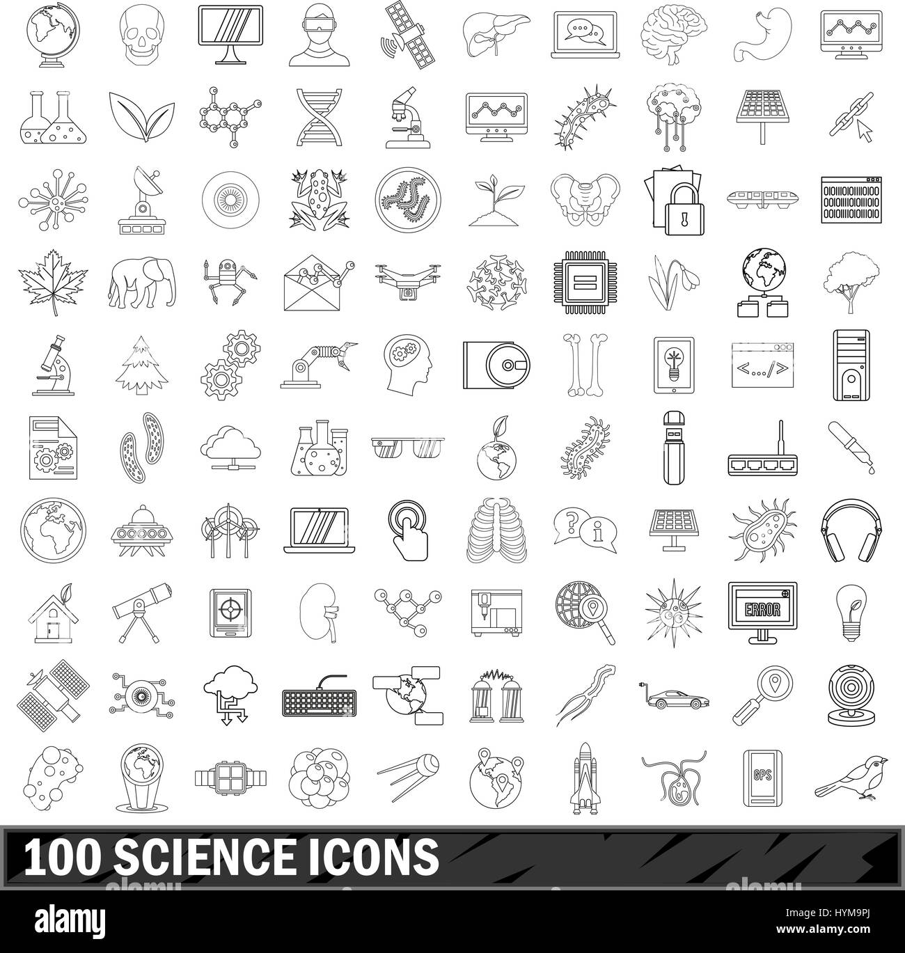 100 science icons set, outline style Stock Vector