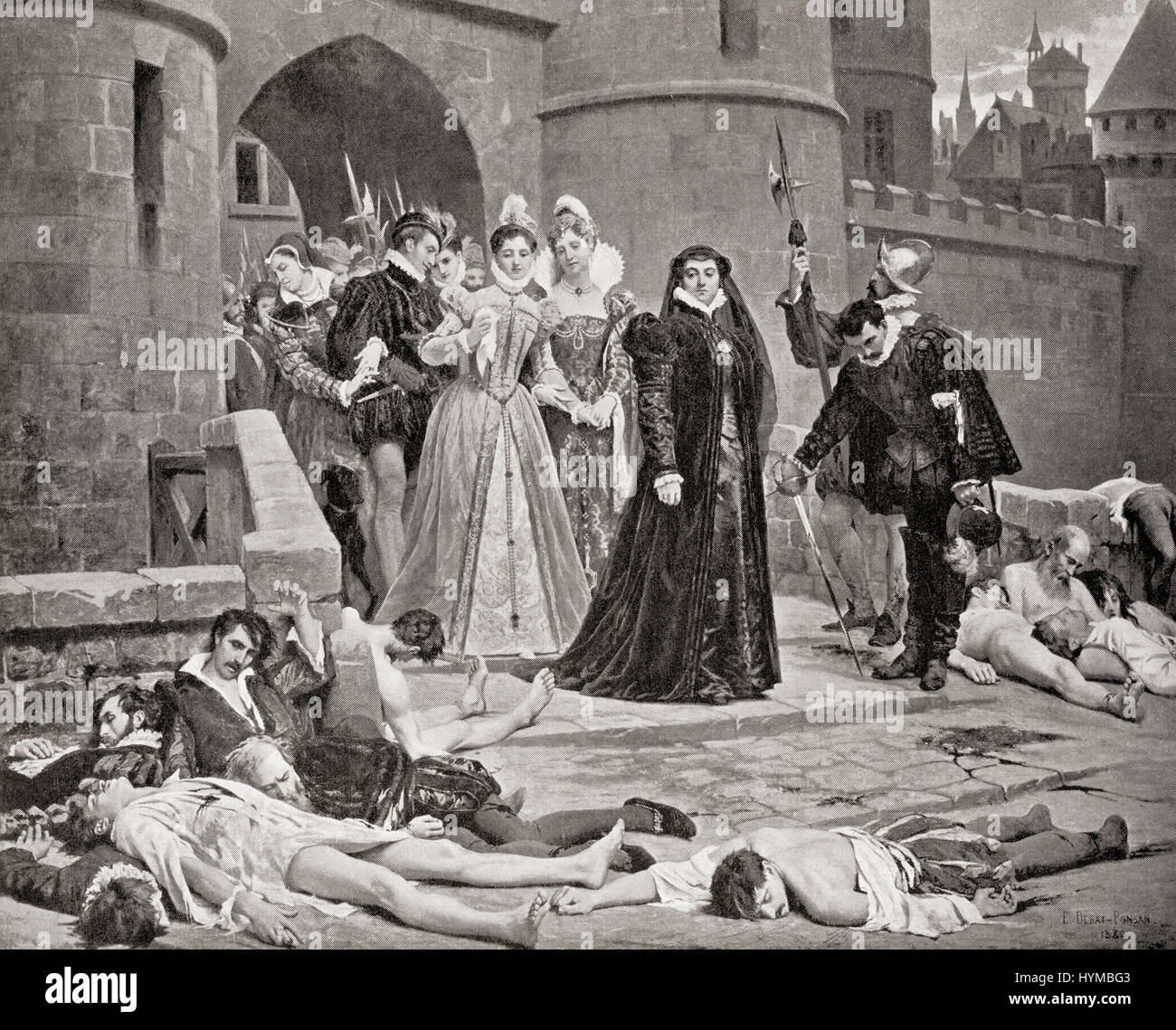 Catherine de' Medici sees victims of the The St. Bartholomew's Day massacre in 1572. A targeted group of assassinations and a wave of Catholic mob violence directed against the Huguenots during the French Wars of Religion believed to have been instigated by Catherine de' Medici.  Catherine de' Medici,1519 –1589.  Italian noblewoman who was Queen of France as the wife of King Henry II.  From Hutchinson's History of the Nations, published 1915. Stock Photo