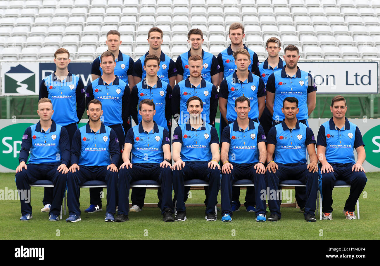 Derbyshire's (top row left-right) Tom Wood, Will Davis, Greg Cork, Rob Hemmings, Charlie Macdonell (middle row left-right) Tom Taylor, Luis Reece, Harvey Hosein, Tom Milnes, Matt Critchley, Ben Cotton, (bottom row left-right) Ben Slater, Alex Hughes, Tony Palladino, Billy Godleman, Wayne Madsen, Shiv Thakor, Daryn Smit during the media day at The County Cricket Ground, Derby. Stock Photo