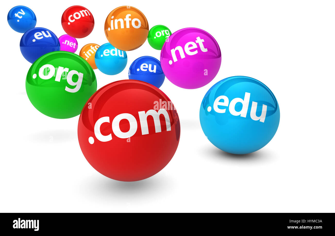 Website and Internet domain name web concept with domains sign on colorful bouncing balls 3D illustration on white background. Stock Photo