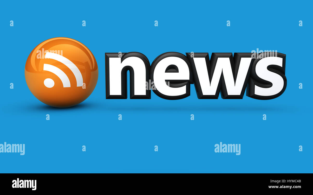 News sign and RSS feed icon web and online information concept 3D illustration on blue background. Stock Photo