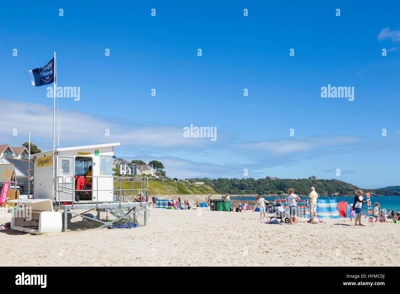 Falmouth cornwall busy Gyllyngvase Beach packed with holidaymakers on a busy beach Falmouth Cornwall west country england gb uk eu europe Stock Photo