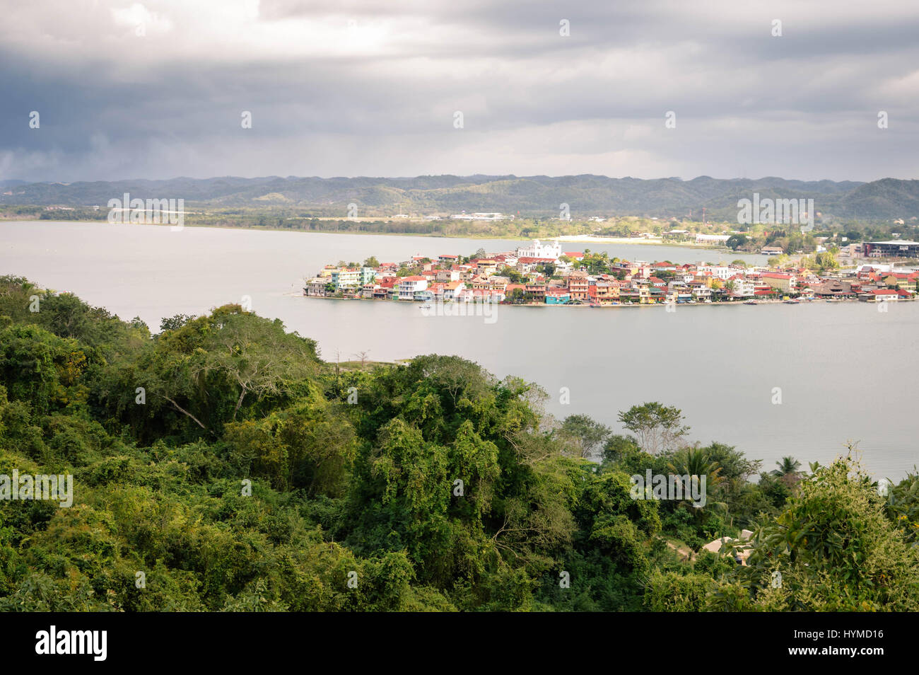 Panoramic view of  Lake Peten Itza and the colonial town of Flores in the north of Guatemala. Central America Stock Photo
