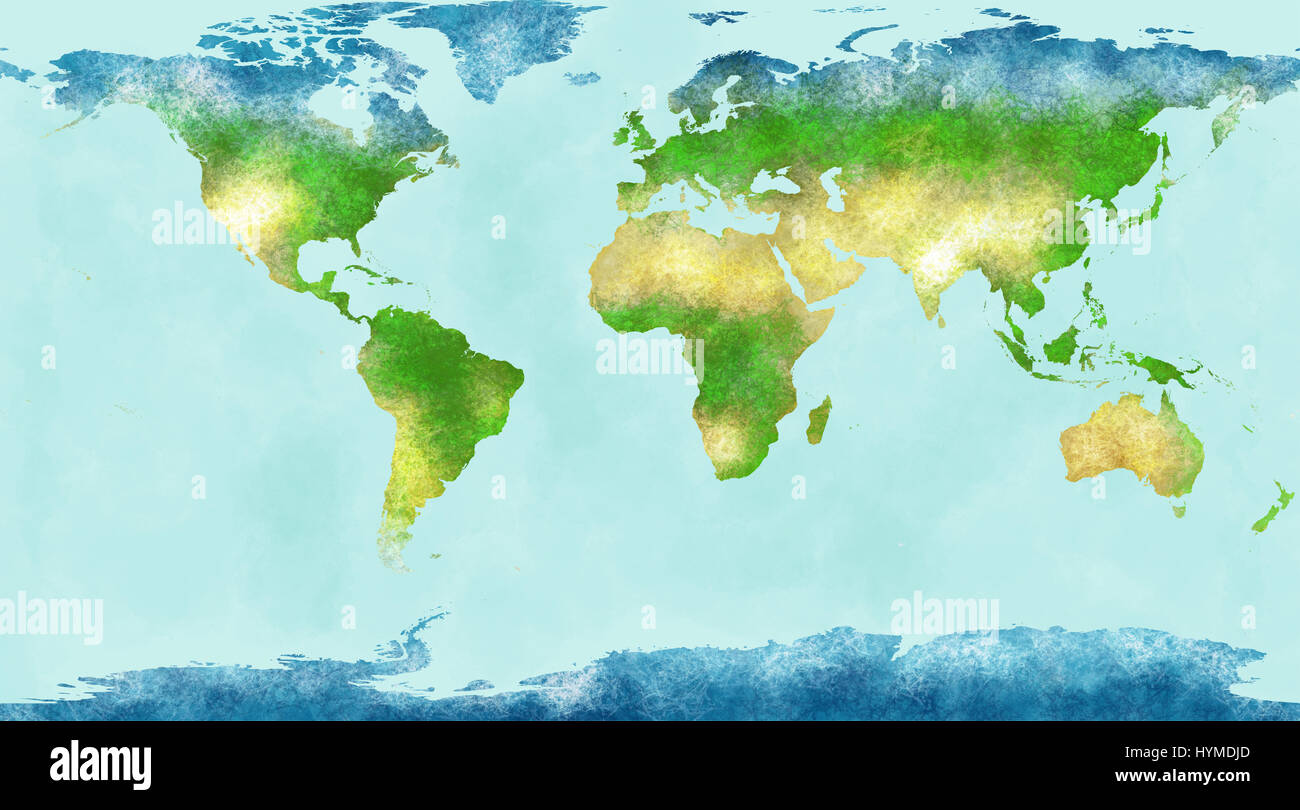World map, hand drawn, illustrated brushstrokes, geographical map, physical, Stock Photo