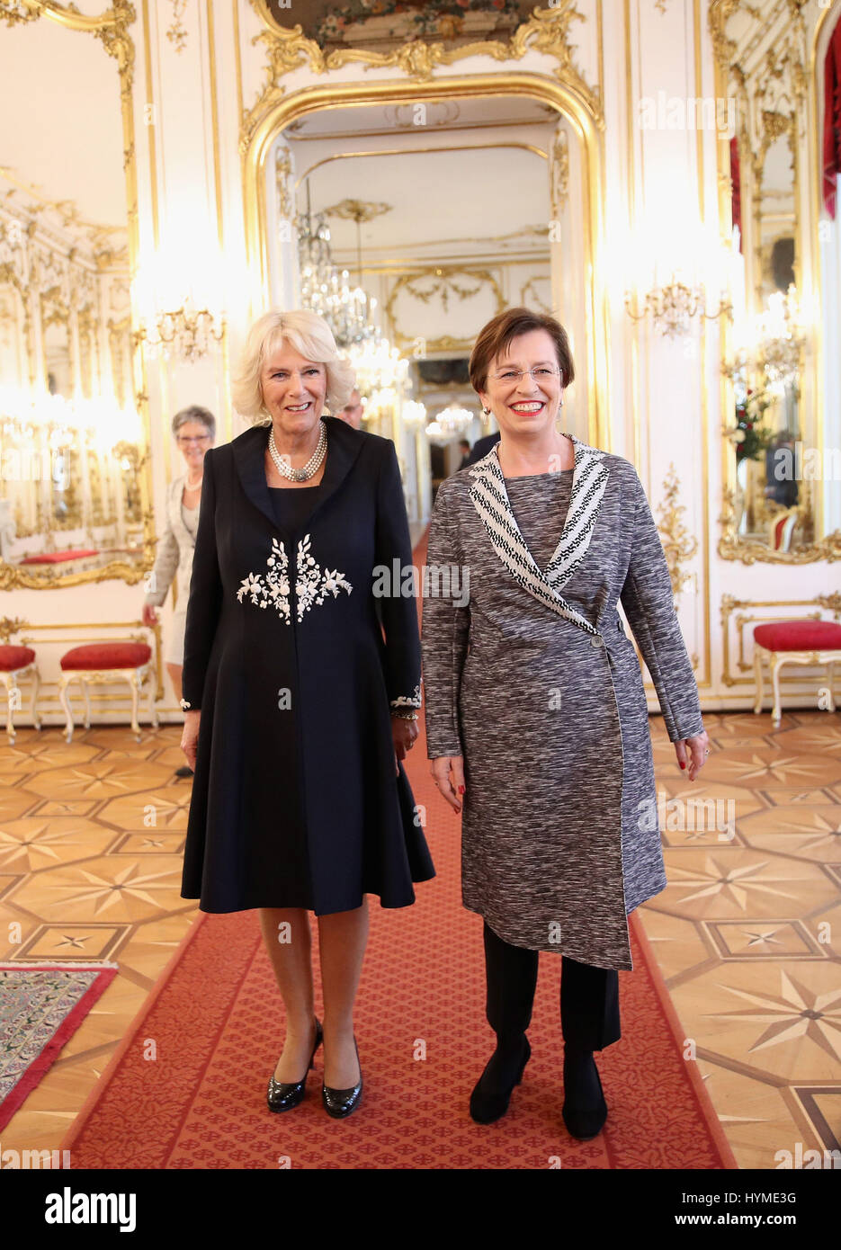 The Duchess of Cornwall is given a tour of the presidential apartments