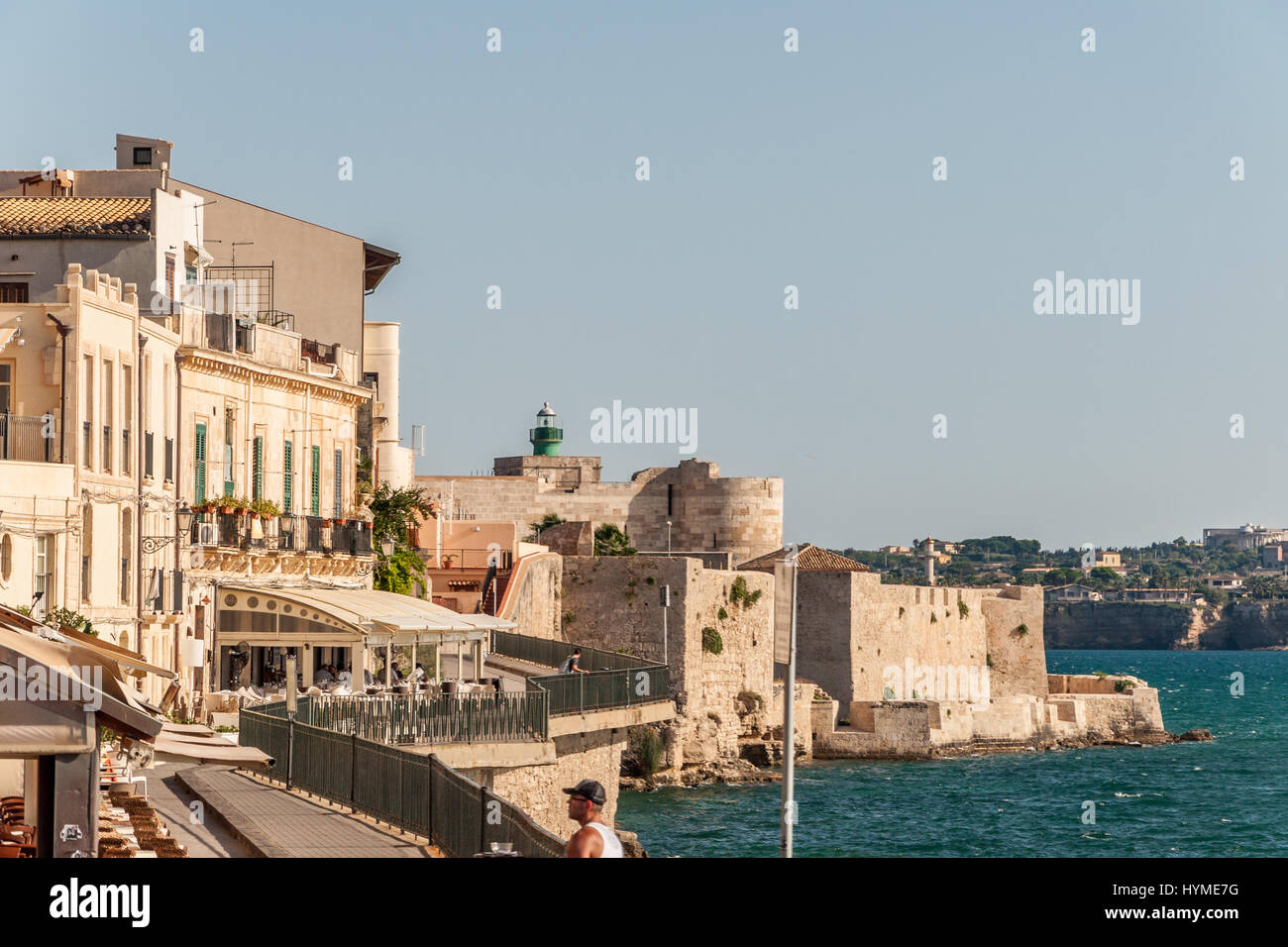 SYRACUSE, ITALY - SEPTEMBER 14, 2015: Coast of Ortigia island at city of Syracuse, Sicily, Italy Stock Photo