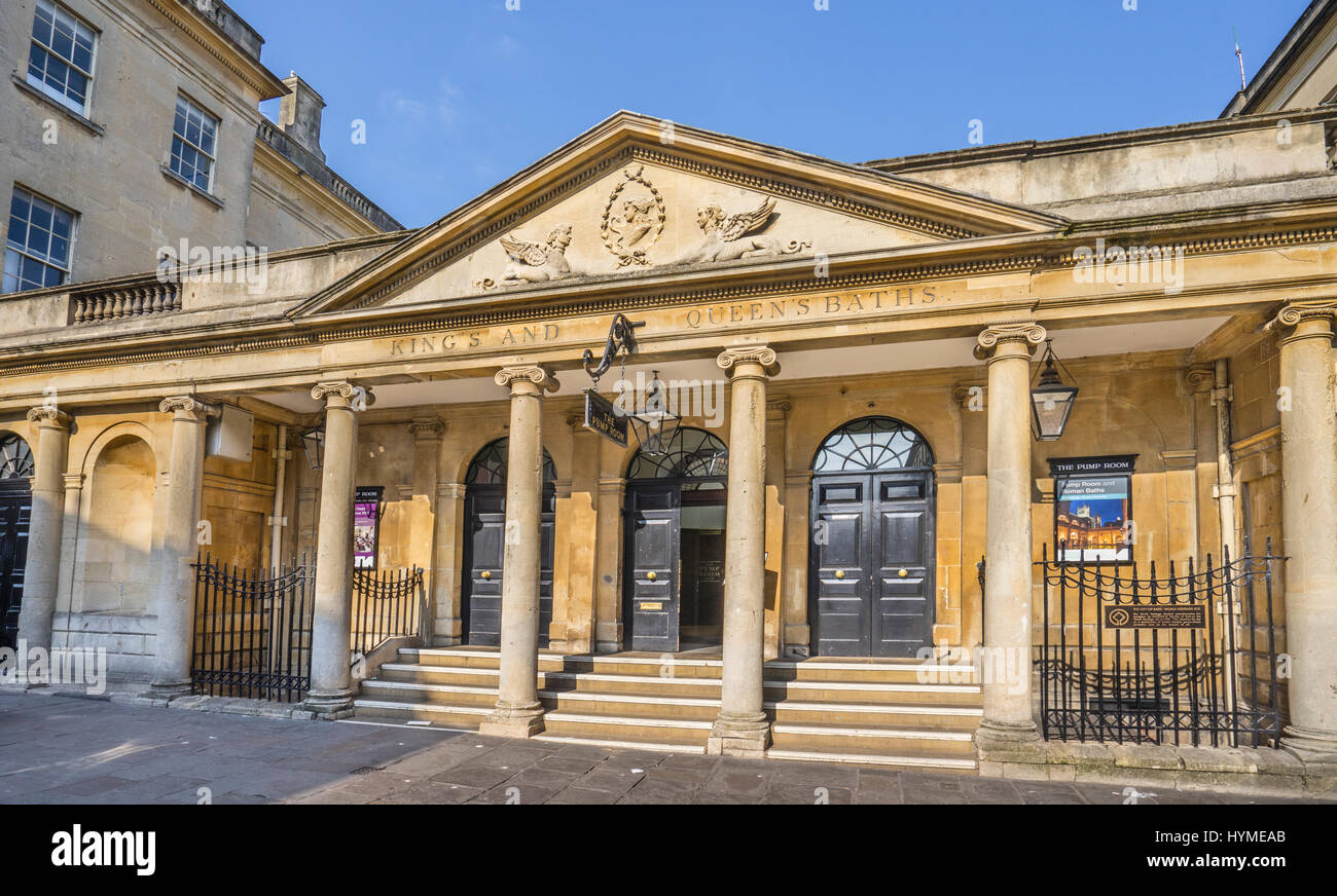 United Kingdom, Somerset, Bath, South Colonnade of the Grand Pump Room at the Roman Bath Stock Photo
