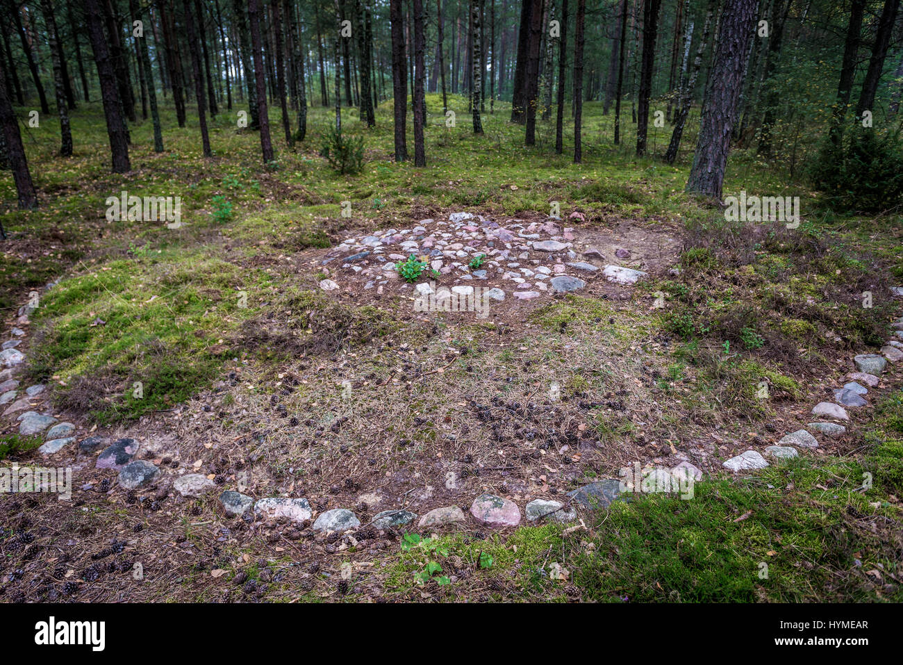 Ancient stone circles cemetery archaeological site, near Lesno village, Chojnice County on Kashubia region of Pomeranian Voivodeship in Poland Stock Photo